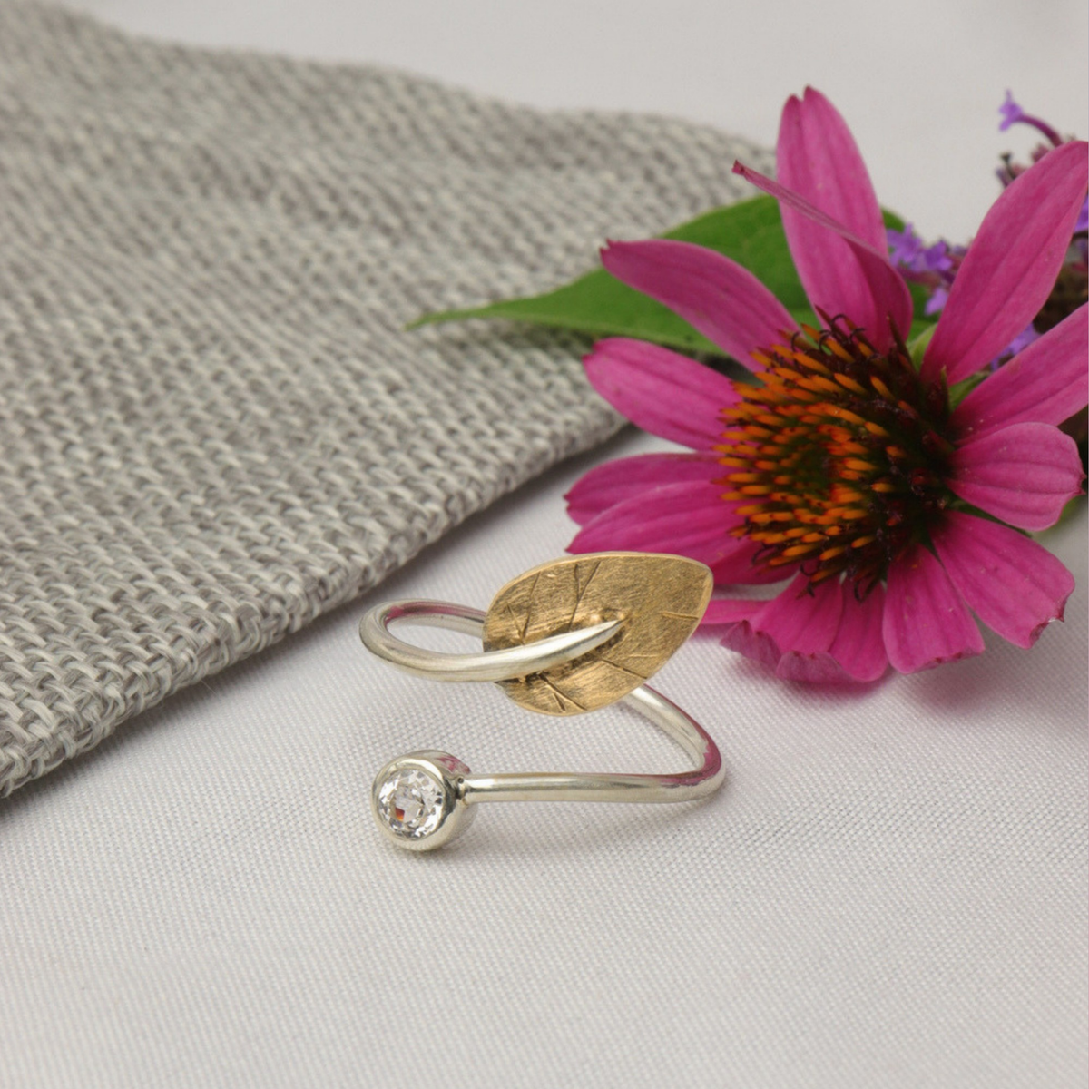 White Sapphire and Willow Leaf Ring