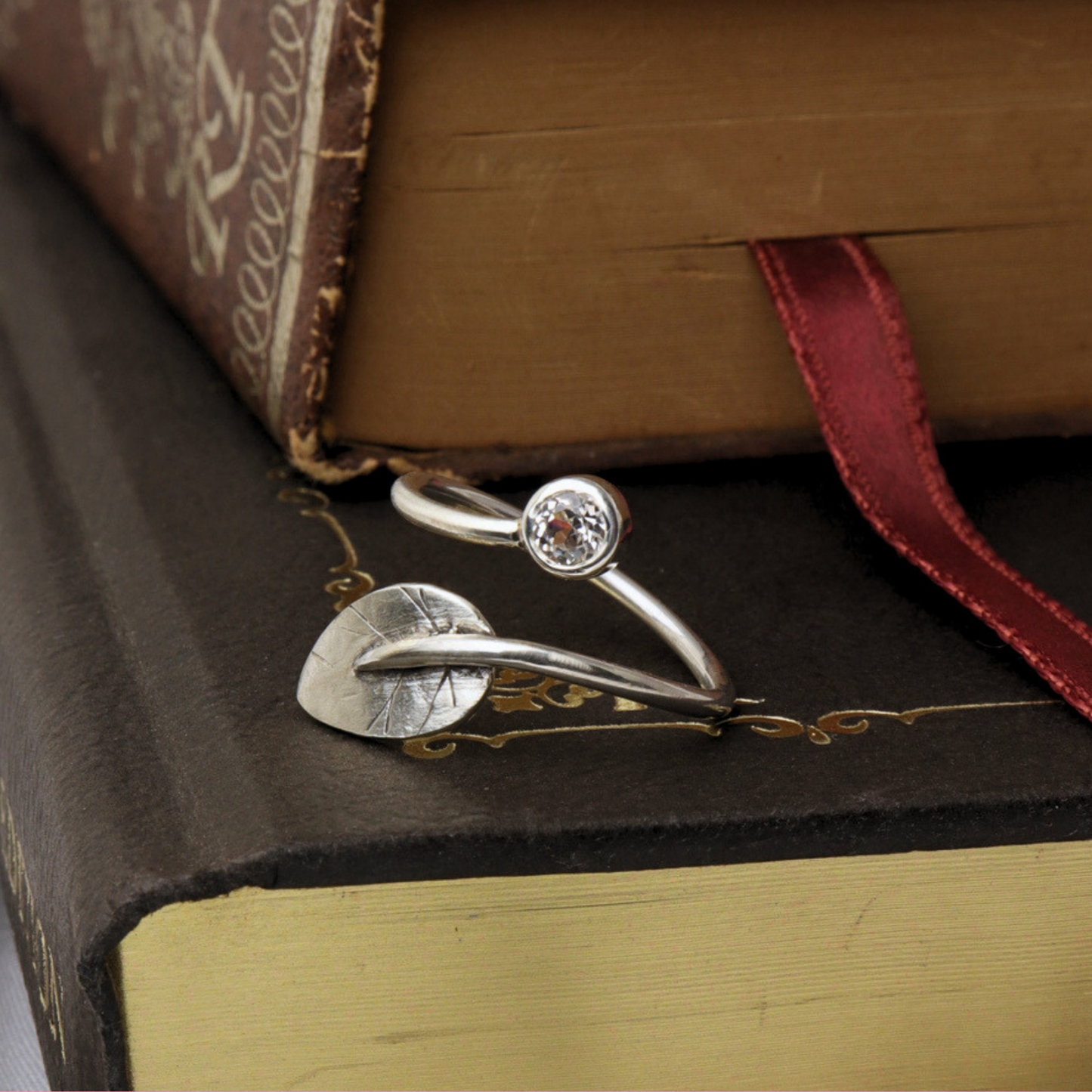 White Sapphire and Willow Leaf Ring
